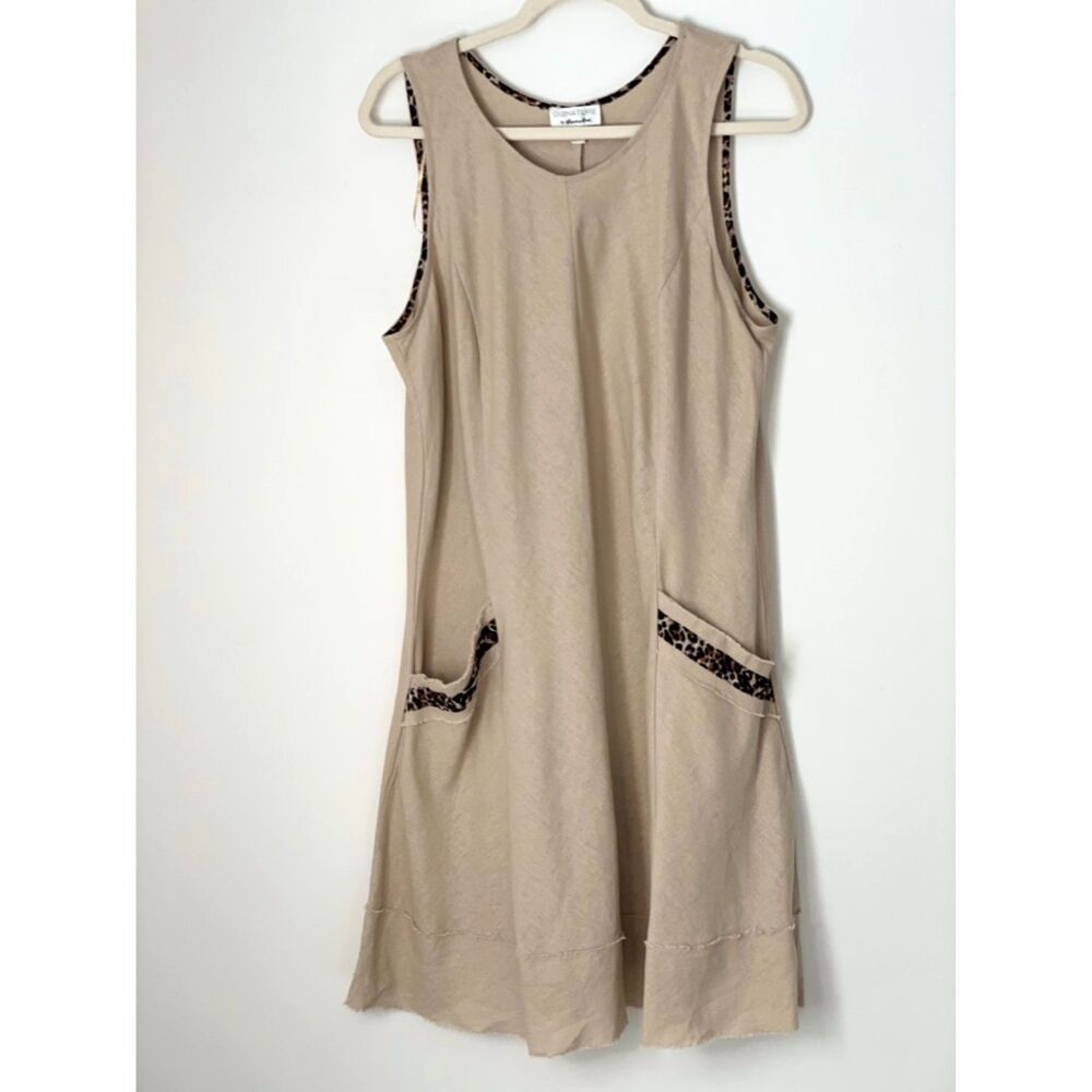 Signature Robbie Bee Linen Blend Dress Size 16 Neutral Minimalist pockets g88